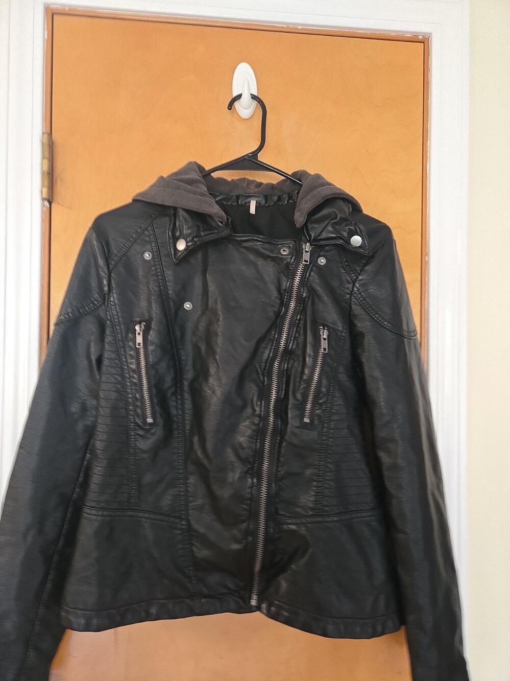 Free People Cleo Vegan Leather Moto Hooded Jacket Black Size 12